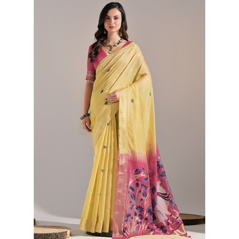 Yellow Pure Cotton Saree With Blouse Piece - JD986601473