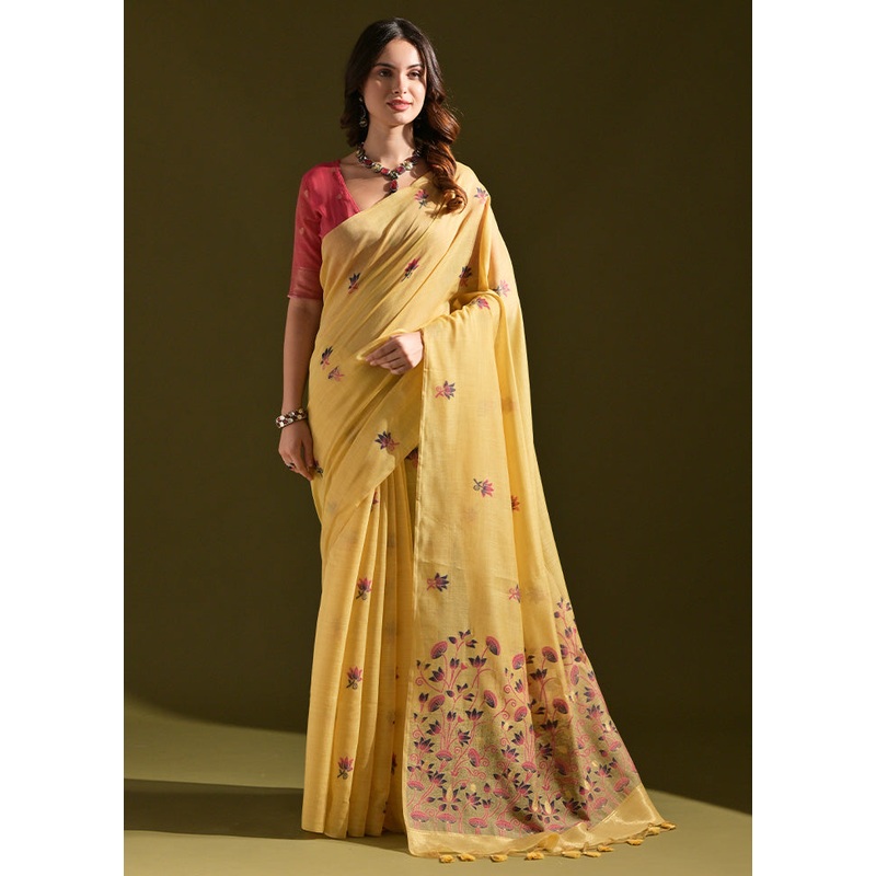 Yellow Pure Cotton Saree With Blouse Piece - JD986601475