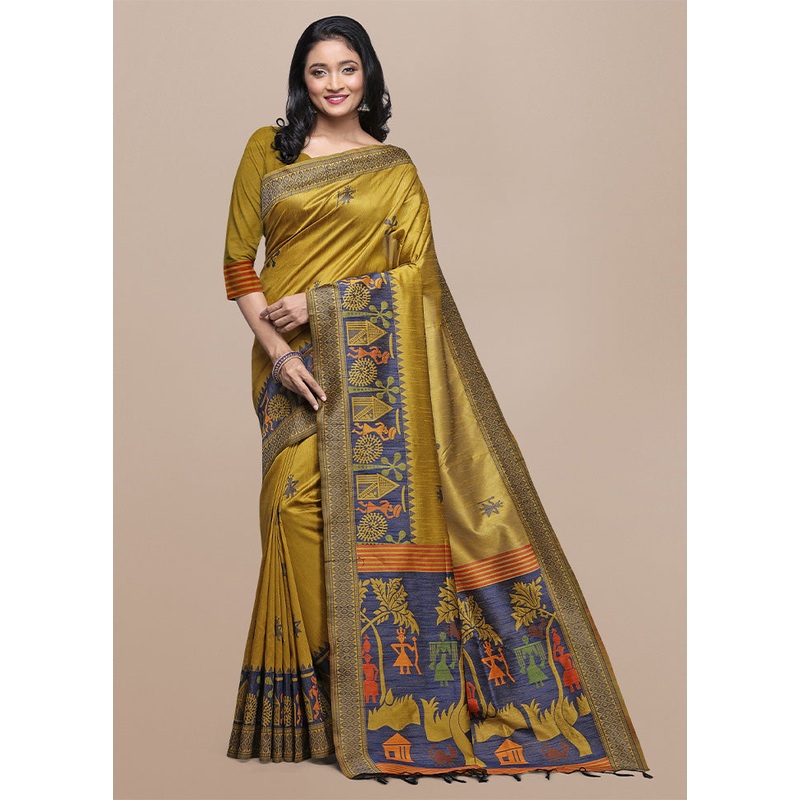 Yellow Spun Silk Saree With Blouse Piece - JD986601471