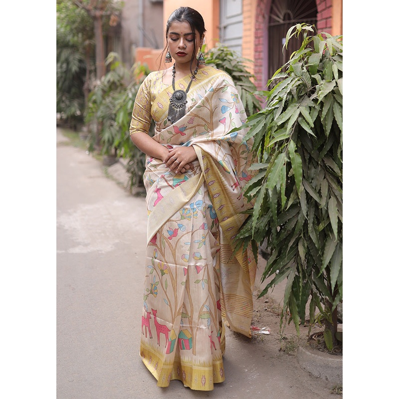 Yellow Tussar Silk Saree With Blouse Piece - JD986601469