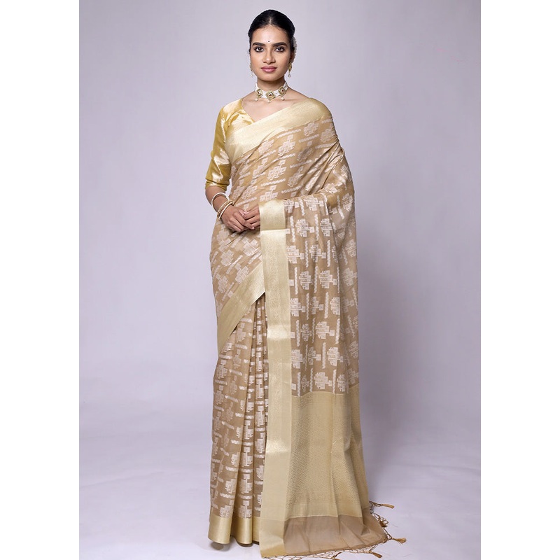 Beige Kora Silk Saree With Blouse Piece - JD986601341