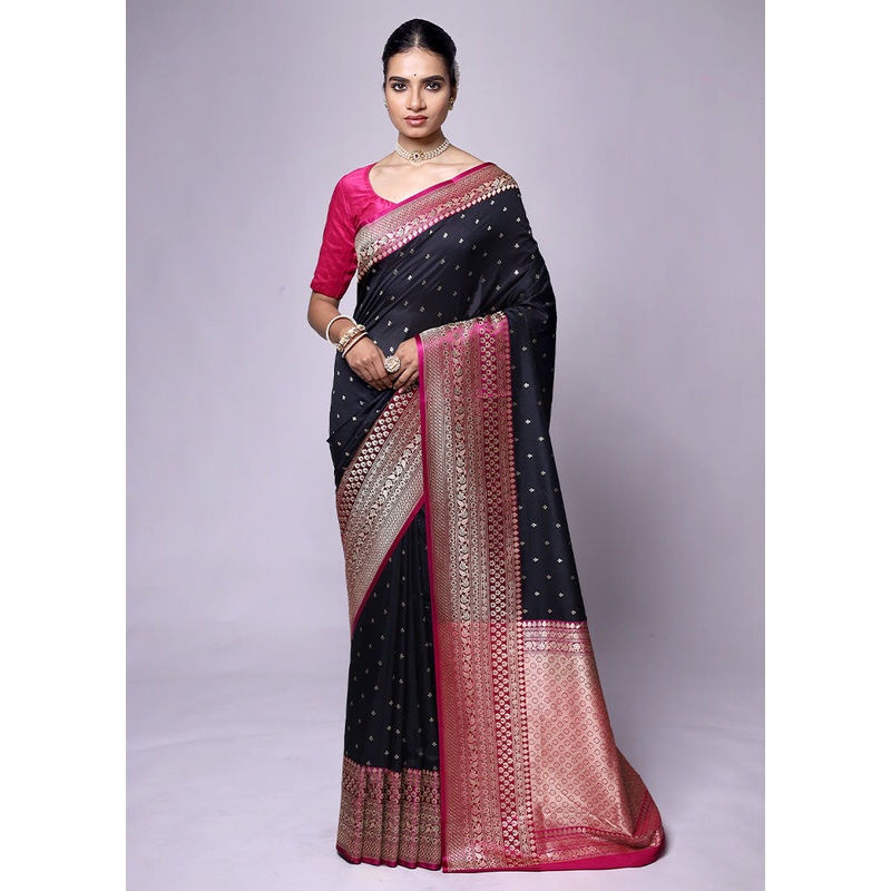 Black Dupion Silk Saree With Blouse Piece - JD986601340