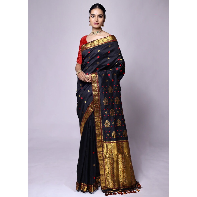 Black Handloom Assam Pure Silk Saree With Blouse Piece - JD986601339