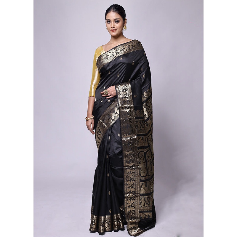Black Handloom Baluchari Pure Silk Saree With Blouse Piece - JD986601260