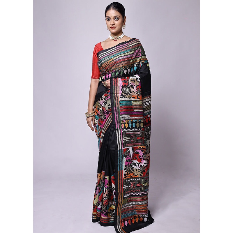 Black Handloom Kantha Stitch Pure Silk Saree With Blouse Piece - JD986601259