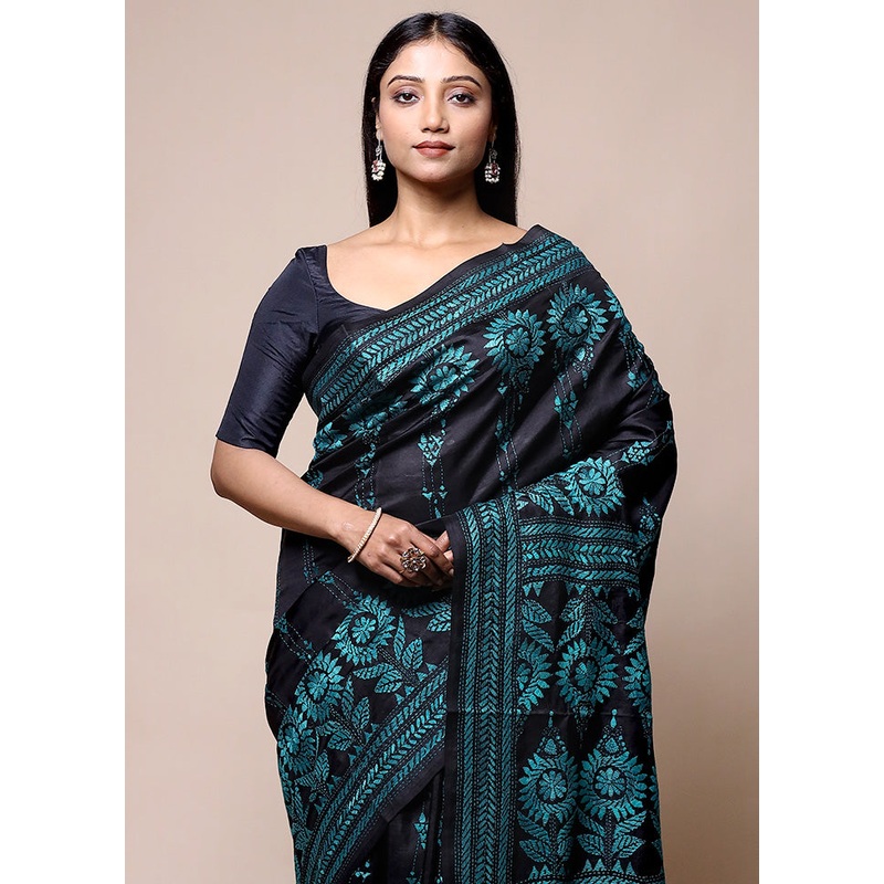 Black Handloom Kantha Stitch Pure Silk Saree With Blouse Piece - JD986601426