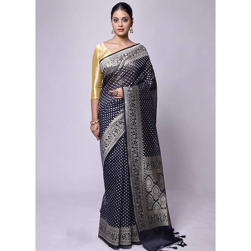 Black Kora Silk Saree With Blouse Piece - JD986601249