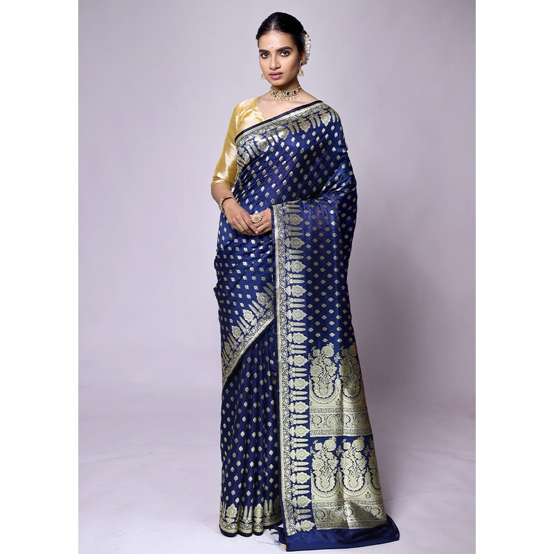 Blue Banarasi Silk Saree With Blouse Piece - JD986601338