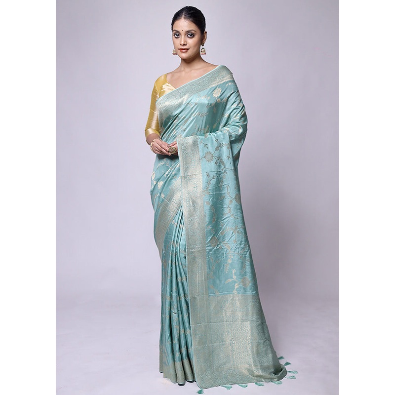 Blue Dupion Silk Saree With Blouse Piece - JD986601257