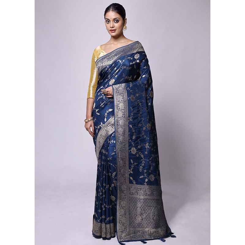 Blue Dupion Silk Saree With Blouse Piece - JD986601258