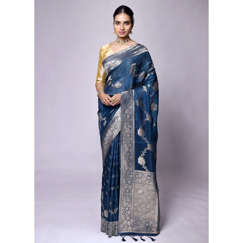 Blue Dupion Silk Saree With Blouse Piece - JD986601336