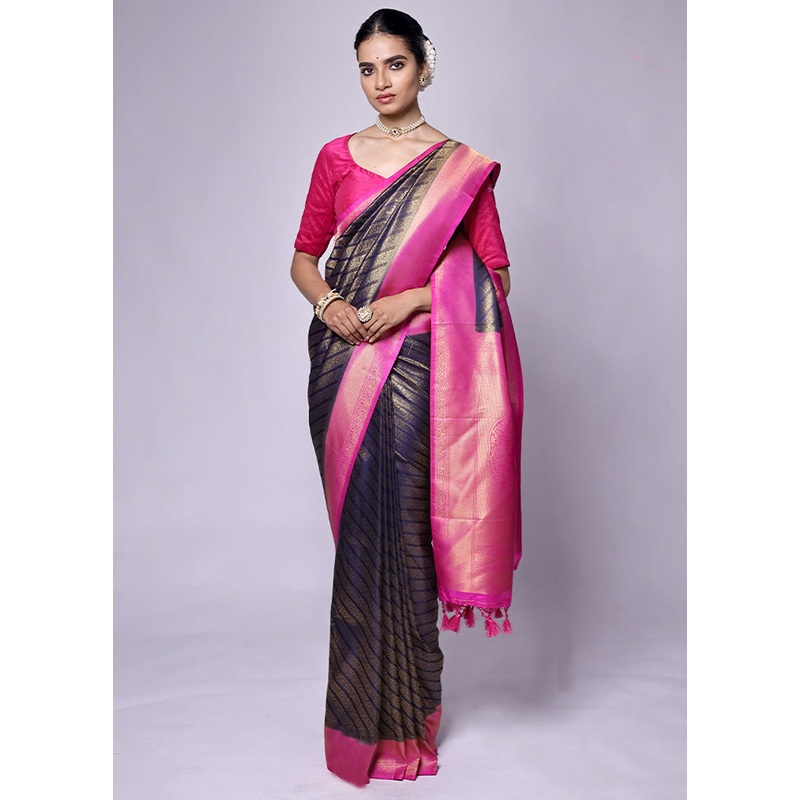Blue Dupion Silk Saree With Blouse Piece - JD986601337