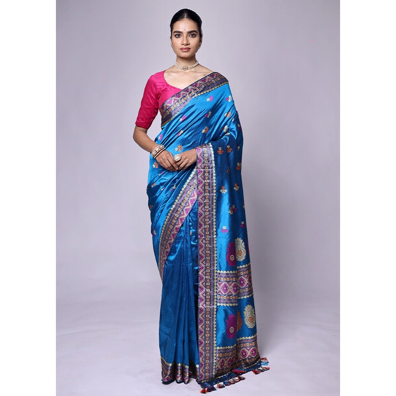 Blue Handloom Assam Pure Silk Saree With Blouse Piece - JD986601335