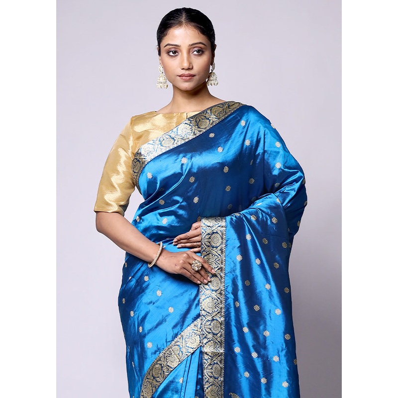 Blue Handloom Assam Pure Silk Saree With Blouse Piece - JD986601425