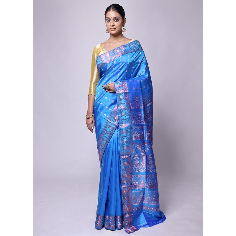 Blue Handloom Baluchari Pure Silk Saree With Blouse Piece - JD986601255