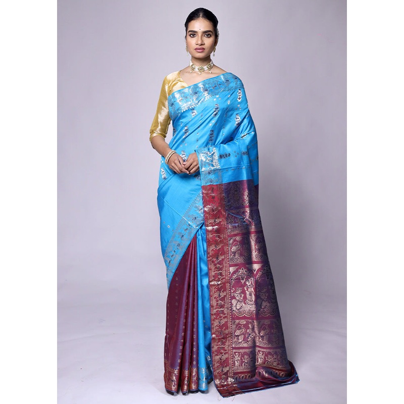 Blue Handloom Baluchari Pure Silk Saree With Blouse Piece - JD986601283