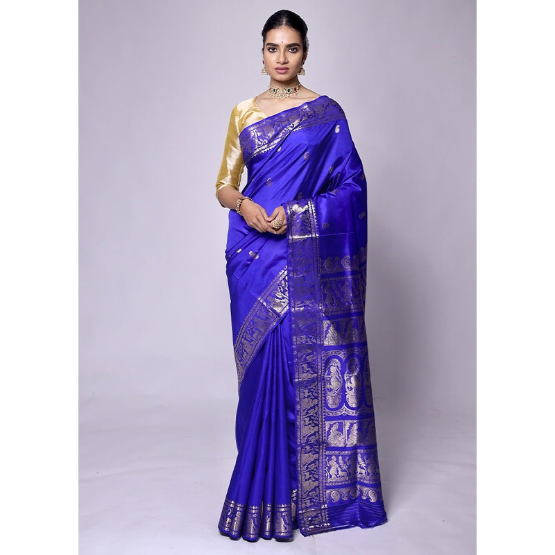 Blue Handloom Baluchari Pure Silk Saree With Blouse Piece - JD986601331