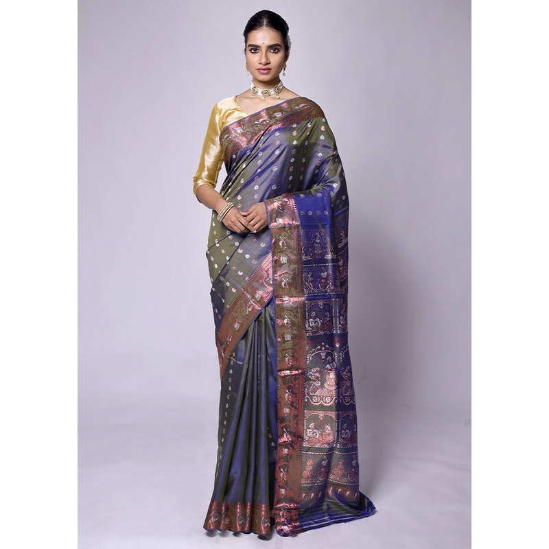 Blue Handloom Baluchari Pure Silk Saree With Blouse Piece - JD986601332