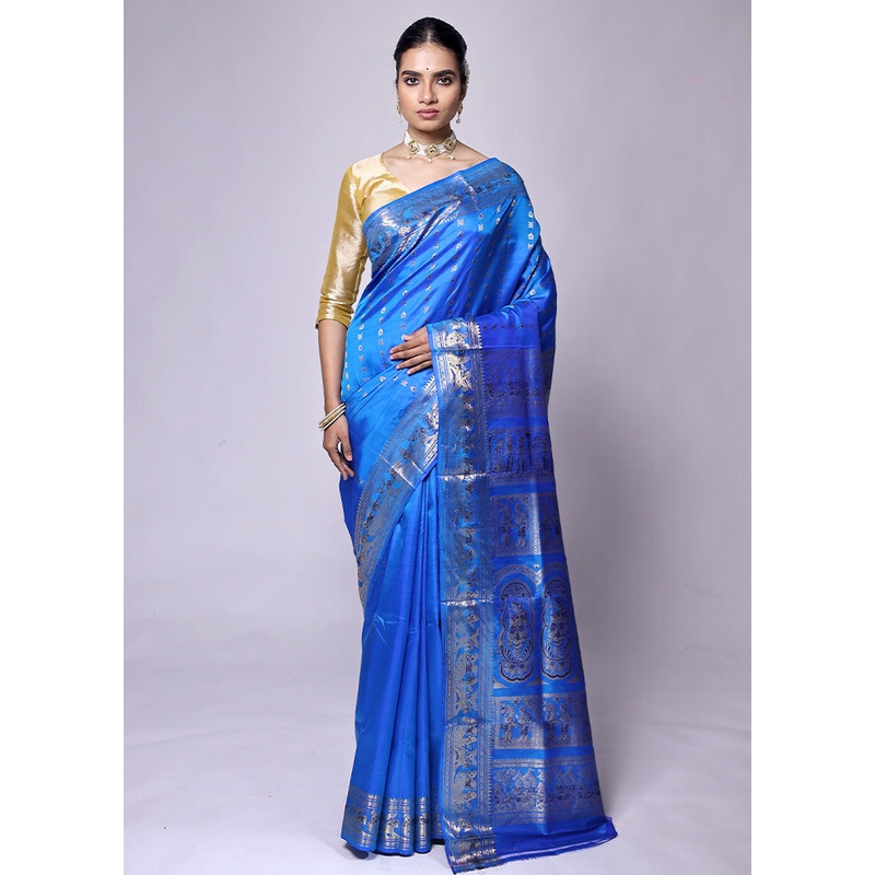 Blue Handloom Baluchari Pure Silk Saree With Blouse Piece - JD986601333