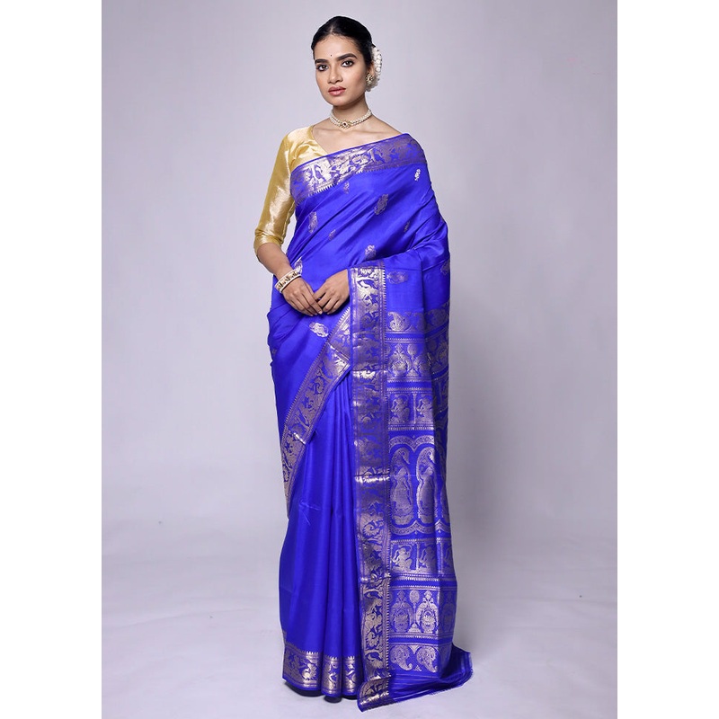 Blue Handloom Baluchari Pure Silk Saree With Blouse Piece - JD986601334