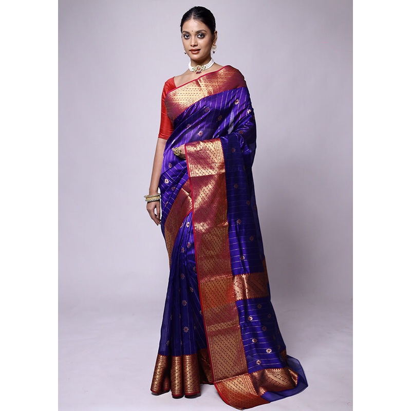 Blue Handloom Chanderi Pure Cotton Saree With Blouse Piece - JD986601254