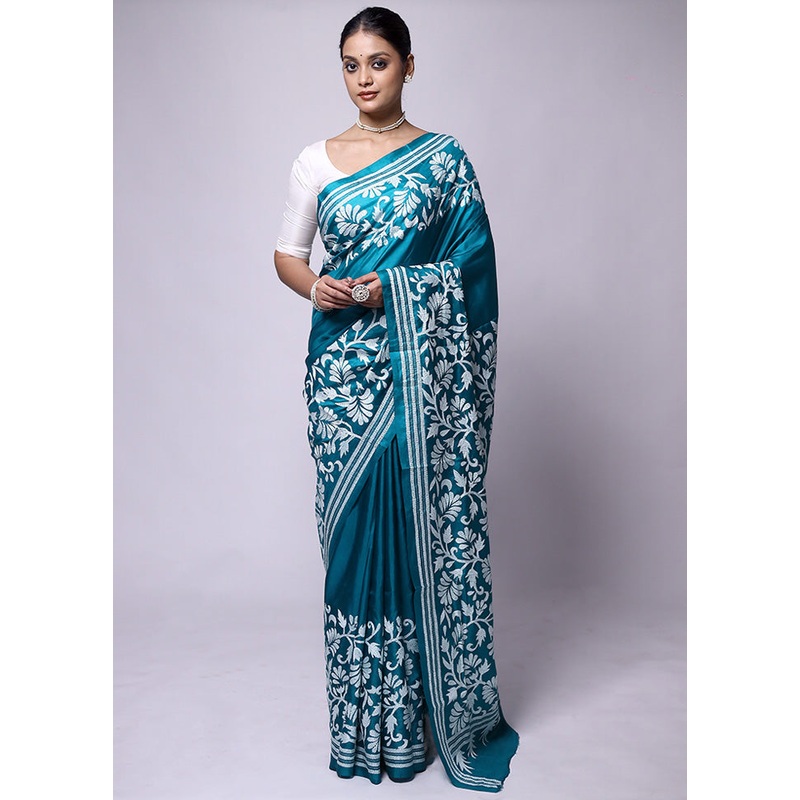 Blue Handloom Kantha Stitch Pure Silk Saree With Blouse Piece - JD986601252