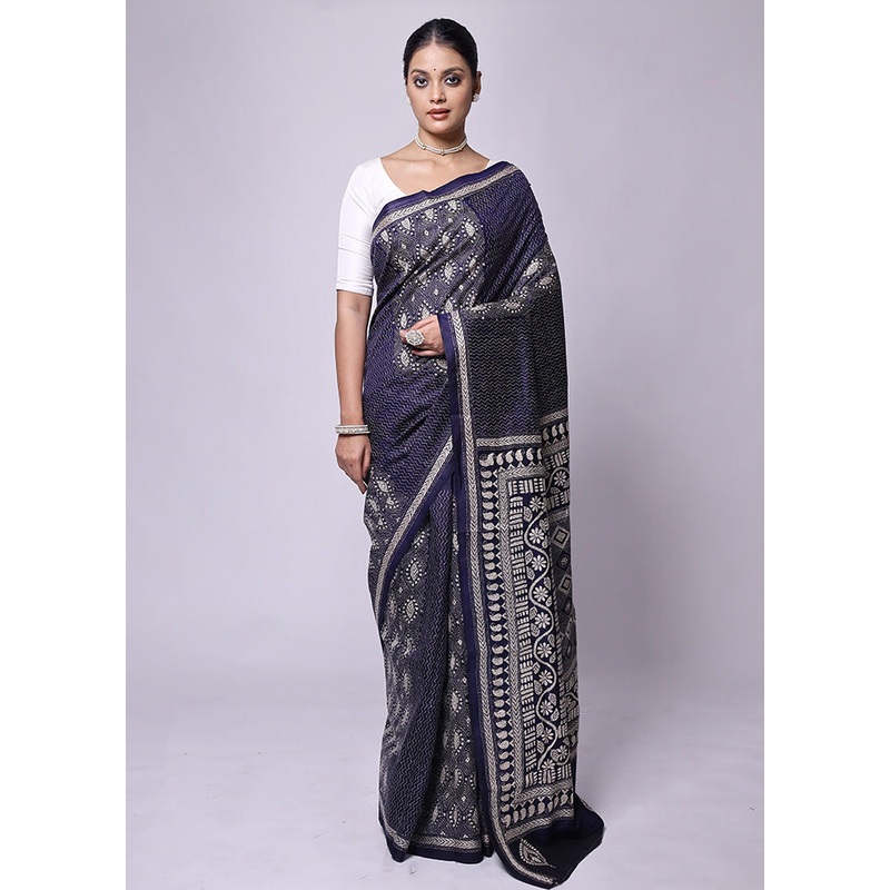 Blue Handloom Kantha Stitch Pure Silk Saree With Blouse Piece - JD986601253