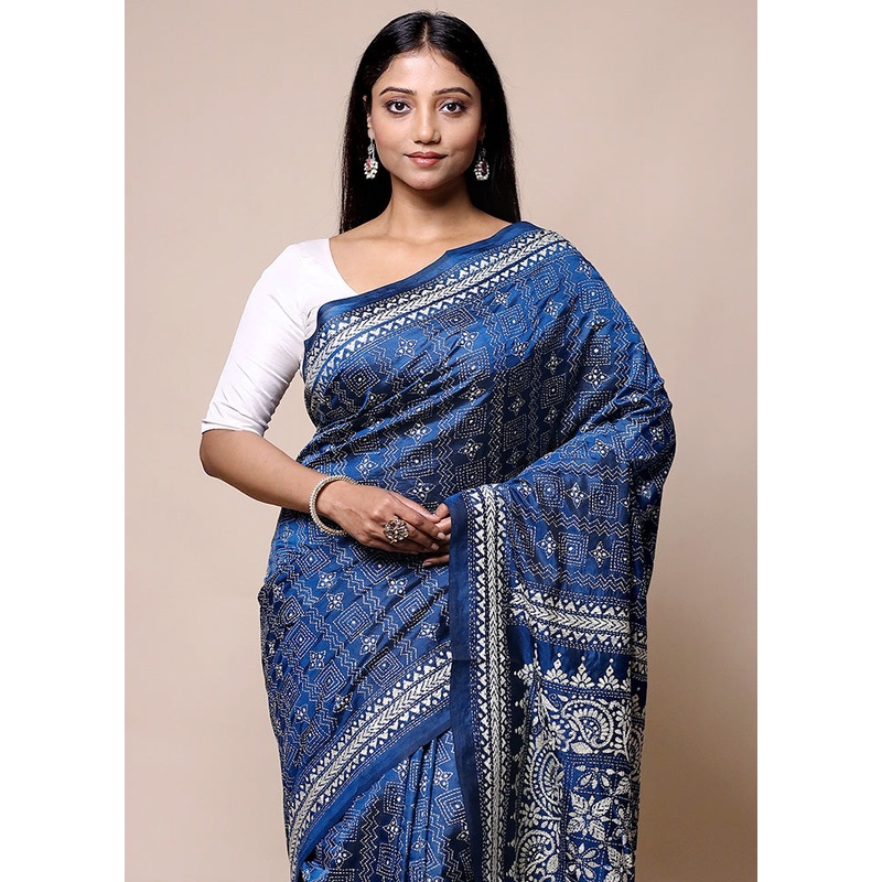 Blue Handloom Kantha Stitch Pure Silk Saree With Blouse Piece - JD986601422
