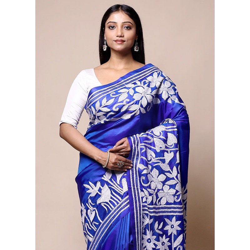 Blue Handloom Kantha Stitch Pure Silk Saree With Blouse Piece - JD986601423