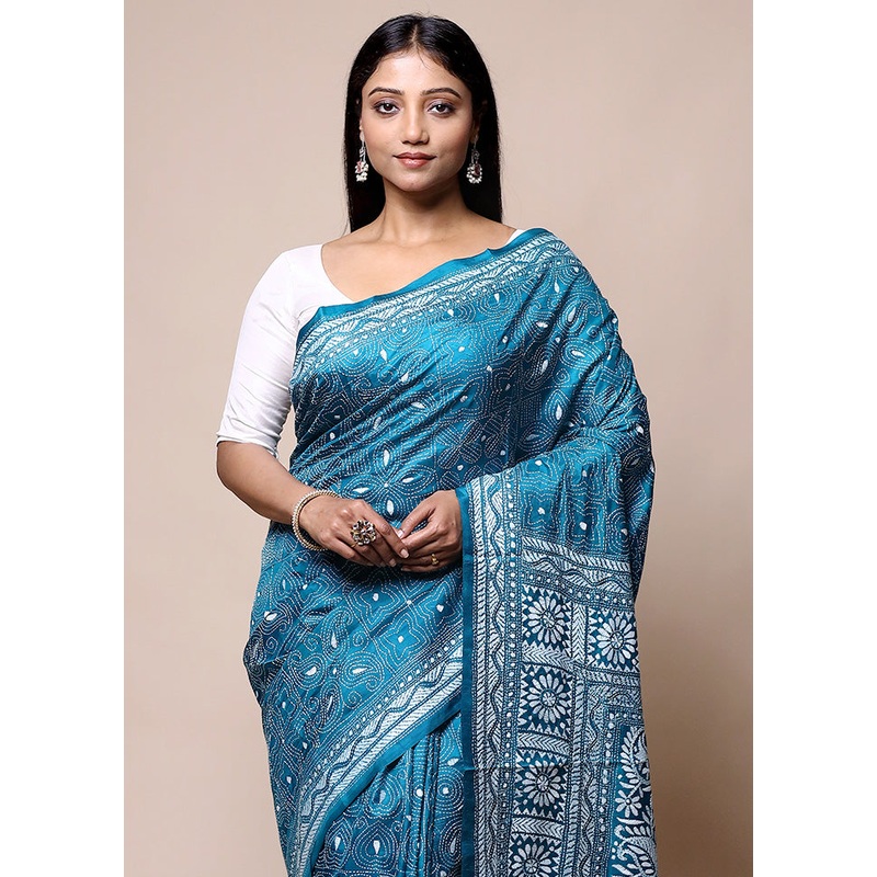 Blue Handloom Kantha Stitch Pure Silk Saree With Blouse Piece - JD986601424