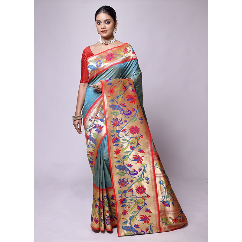 Blue Handloom Katan Pure Silk Saree With Blouse Piece - JD986601251