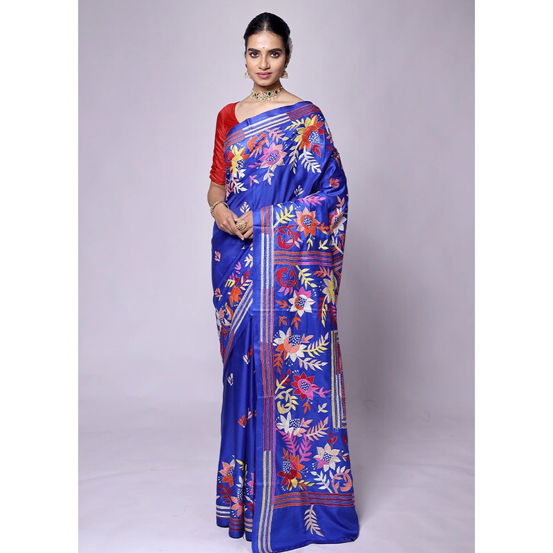Blue Kantha Stitch Silk Saree With Blouse Piece - JD986601330