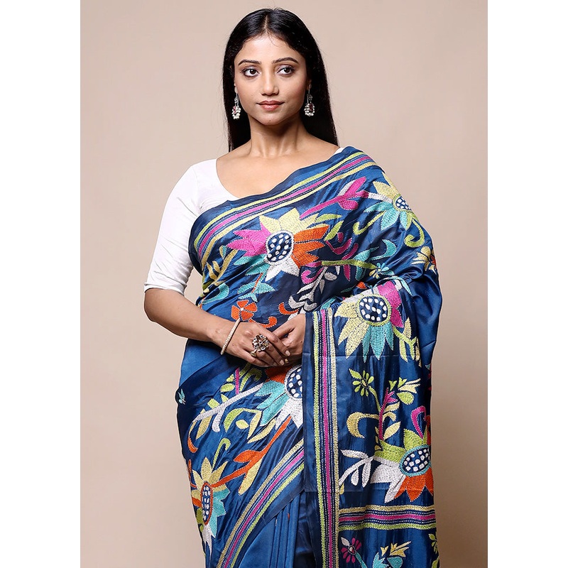 Blue Kantha Stitch Silk Saree With Blouse Piece - JD986601418