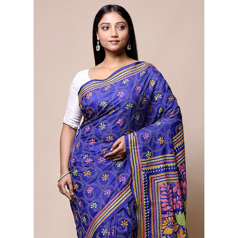 Blue Kantha Stitch Silk Saree With Blouse Piece - JD986601419