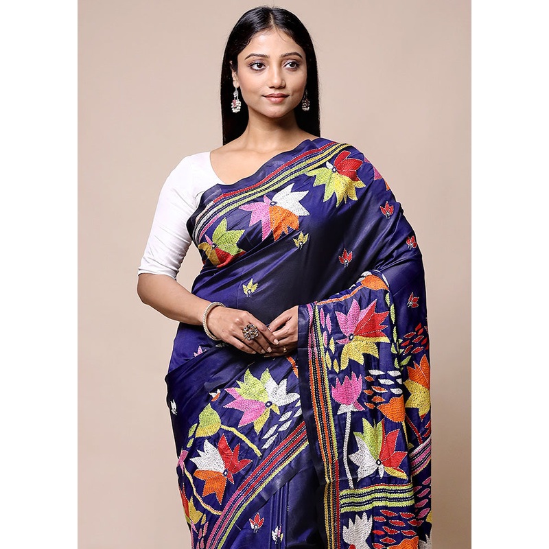 Blue Kantha Stitch Silk Saree With Blouse Piece - JD986601420