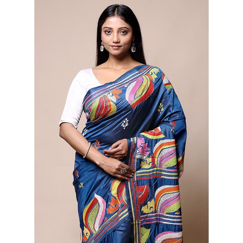 Blue Kantha Stitch Silk Saree With Blouse Piece - JD986601421