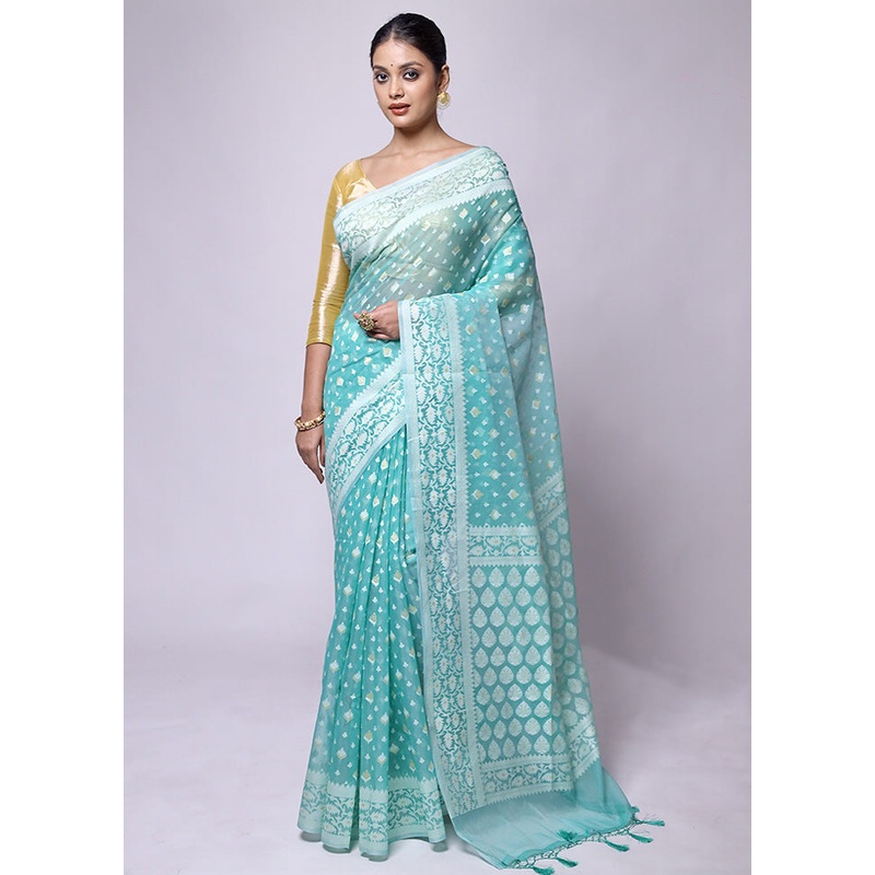 Blue Kora Silk Saree With Blouse Piece - JD986601248