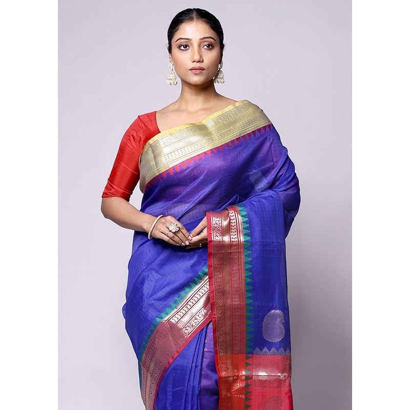 Blue Kota Cotton Saree With Blouse Piece - JD986601415