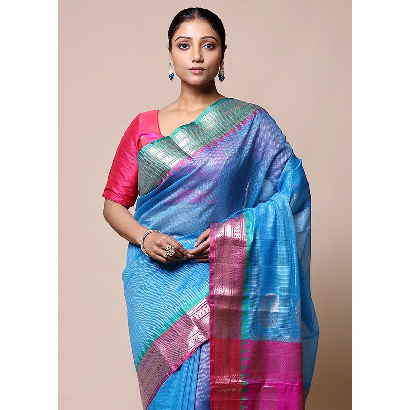 Blue Kota Cotton Saree With Blouse Piece - JD986601416