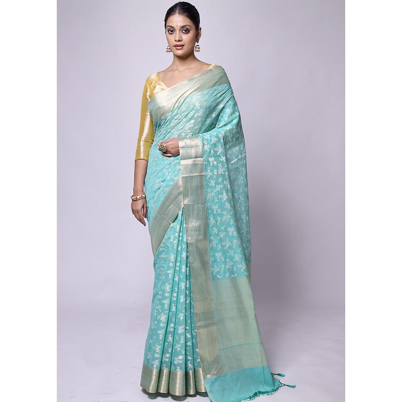 Blue Pure Cotton Saree With Blouse Piece - JD986601246