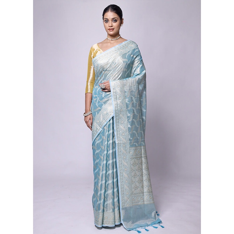 Blue Tissue Silk Saree With Blouse Piece - JD986601245