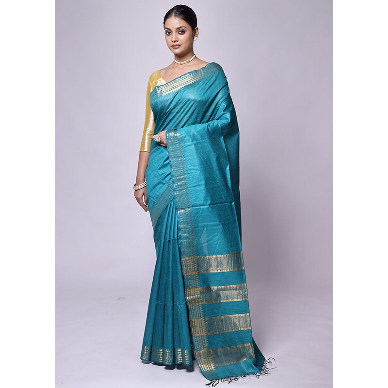 Blue Tussar Silk Saree With Blouse Piece - JD986601242
