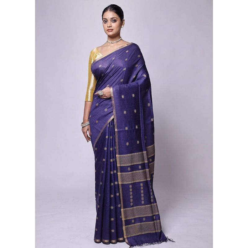 Blue Tussar Silk Saree With Blouse Piece - JD986601243