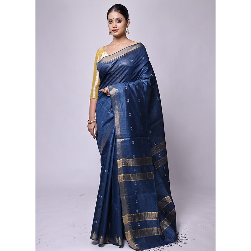 Blue Tussar Silk Saree With Blouse Piece - JD986601244