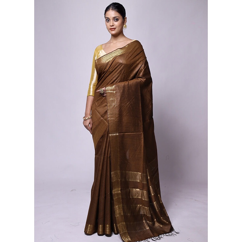 Brown Tussar Silk Saree With Blouse Piece - JD986601241