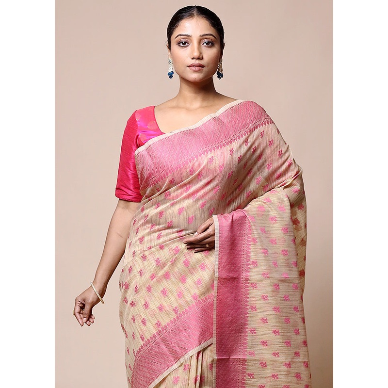Cream Cotton Saree With Blouse Piece - JD986601408