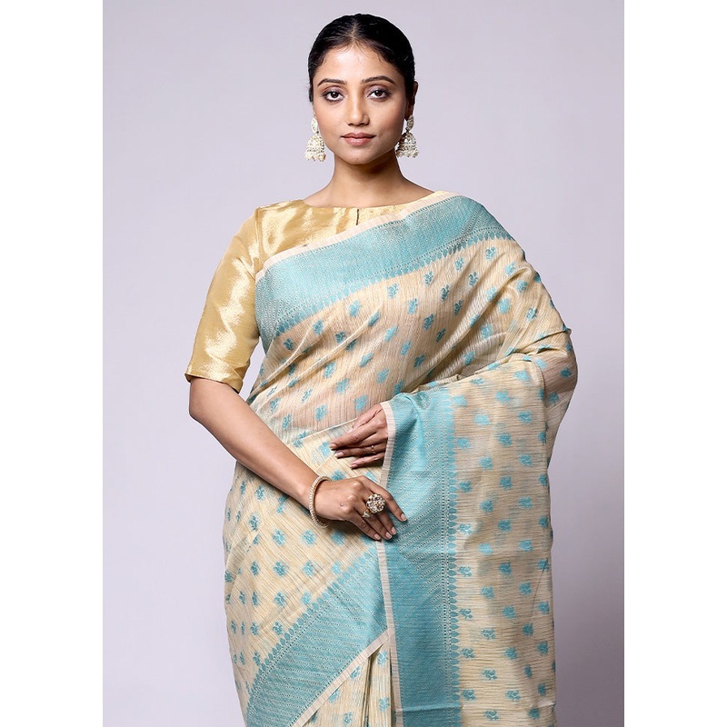 Cream Cotton Saree With Blouse Piece - JD986601409