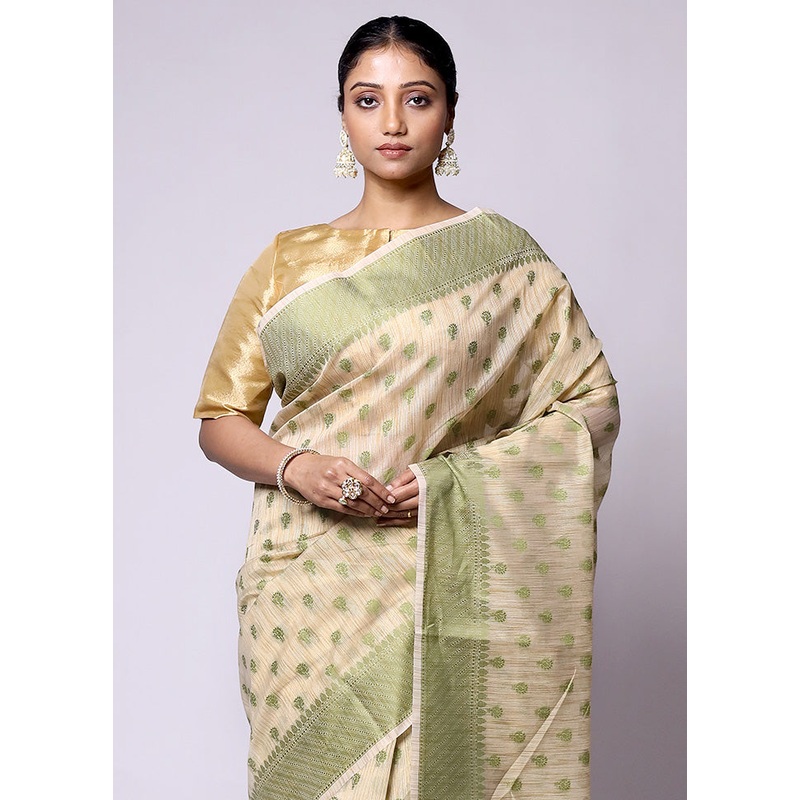 Cream Cotton Saree With Blouse Piece - JD986601410