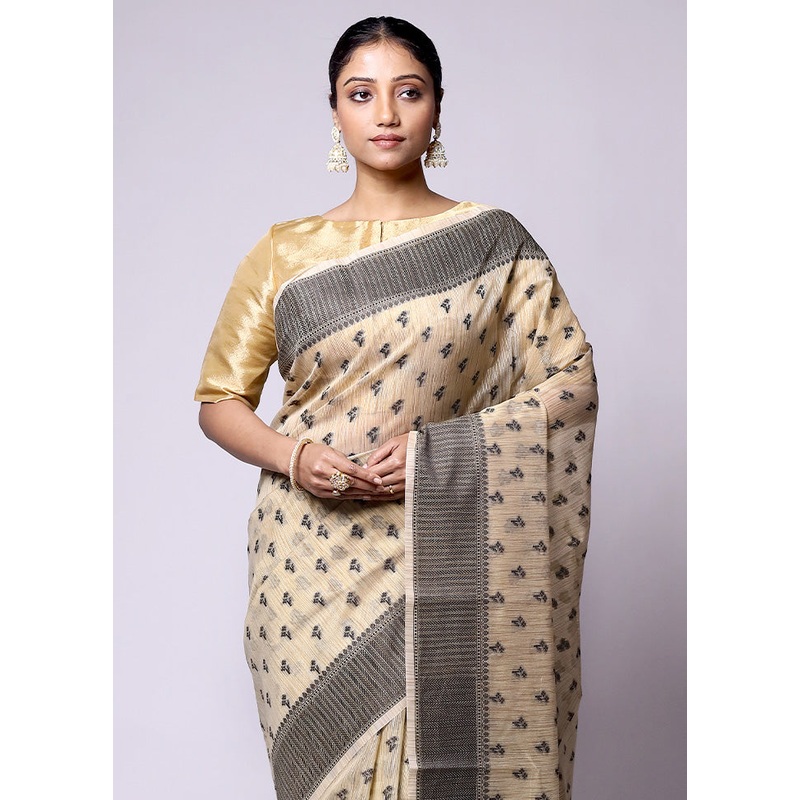 Cream Cotton Saree With Blouse Piece - JD986601411