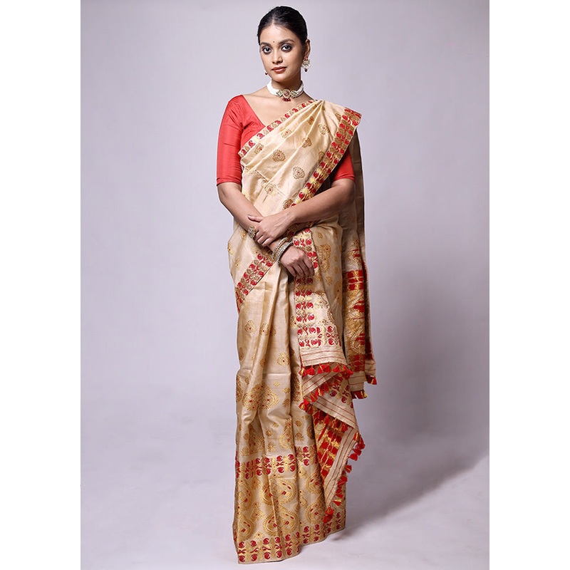 Cream Handloom Assam Pure Silk Saree With Blouse Piece - JD986601239